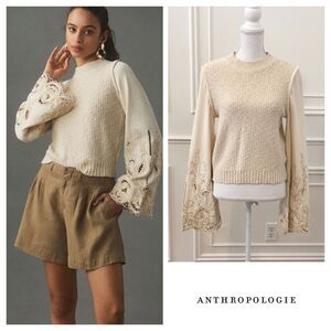 Anthropologie Textured Eyelet Twofer Sweater Vest Top Embroidered Beige Sz M